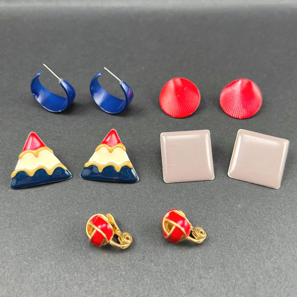 Vintage Enamel Earrings Lot 5 Monet Clip On Red Blue Geometric 80s 90s